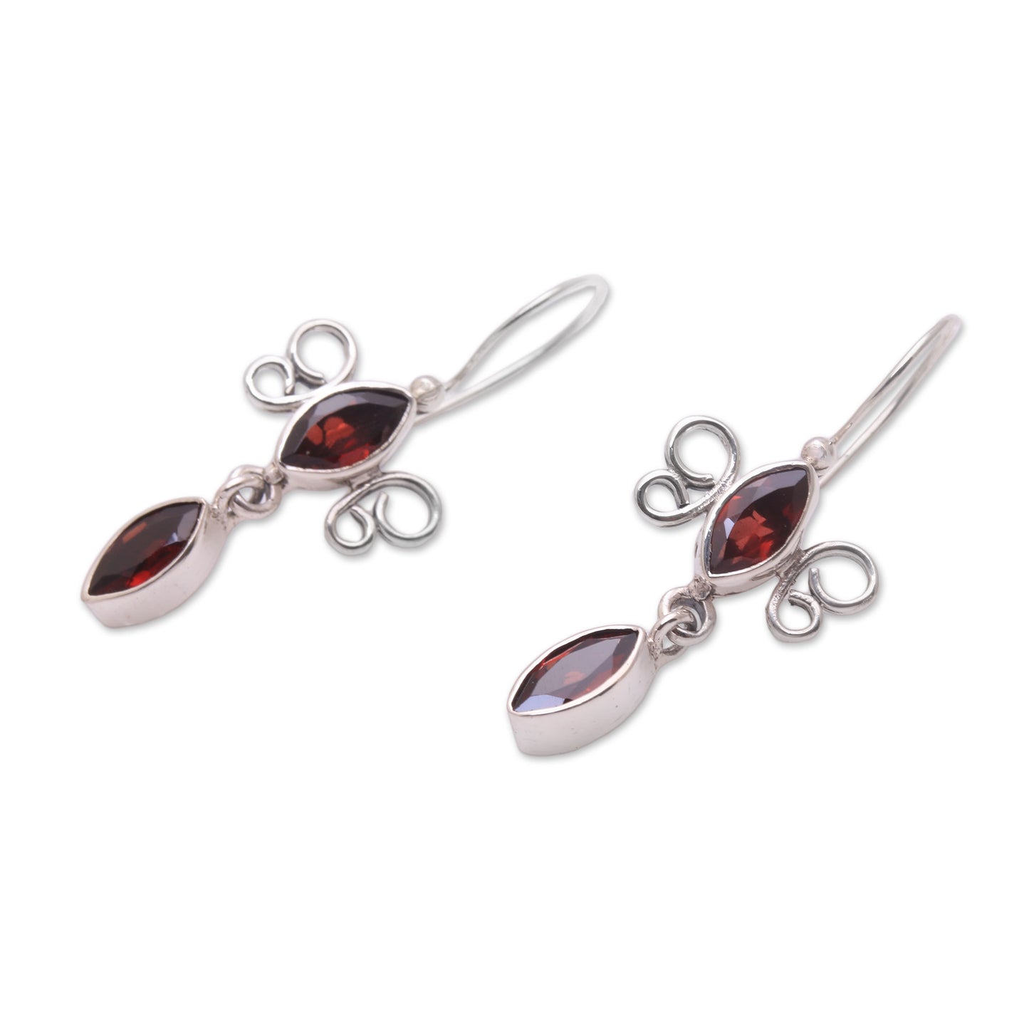 Crimson Rainfall Sterling Silver and Garnet Red Raindrop Dangle Earrings