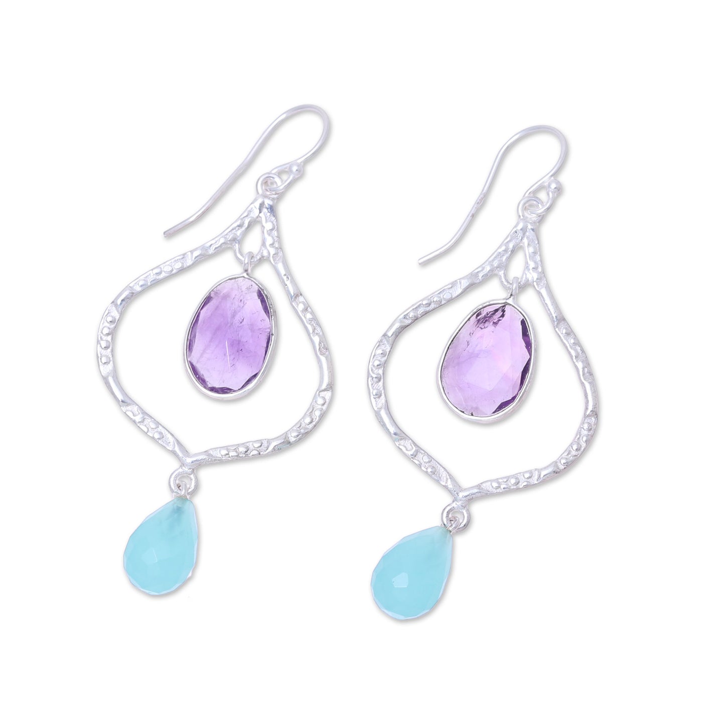 Divine Duo Amethyst and Chalcedony Dangle Earrings from India