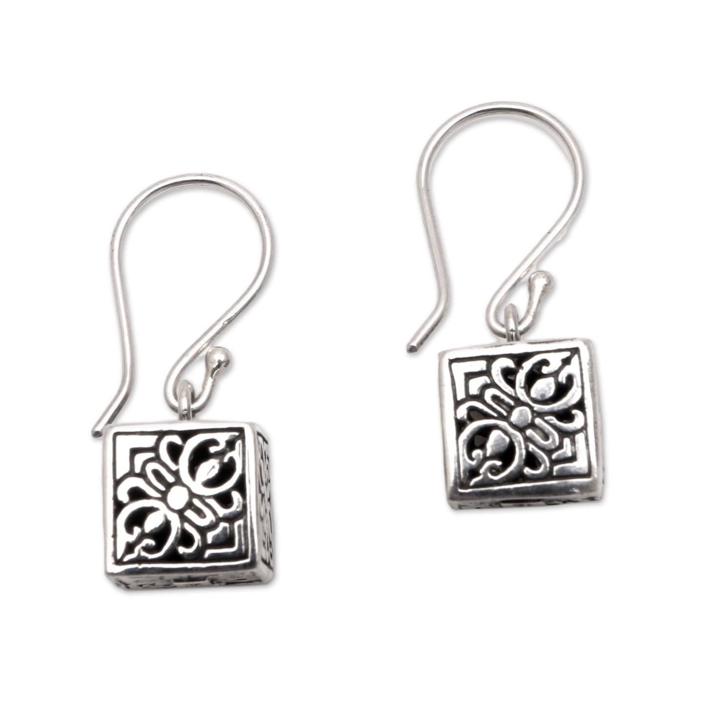 Elegant Dice Sterling Silver Cube Dangle Earrings from Bali