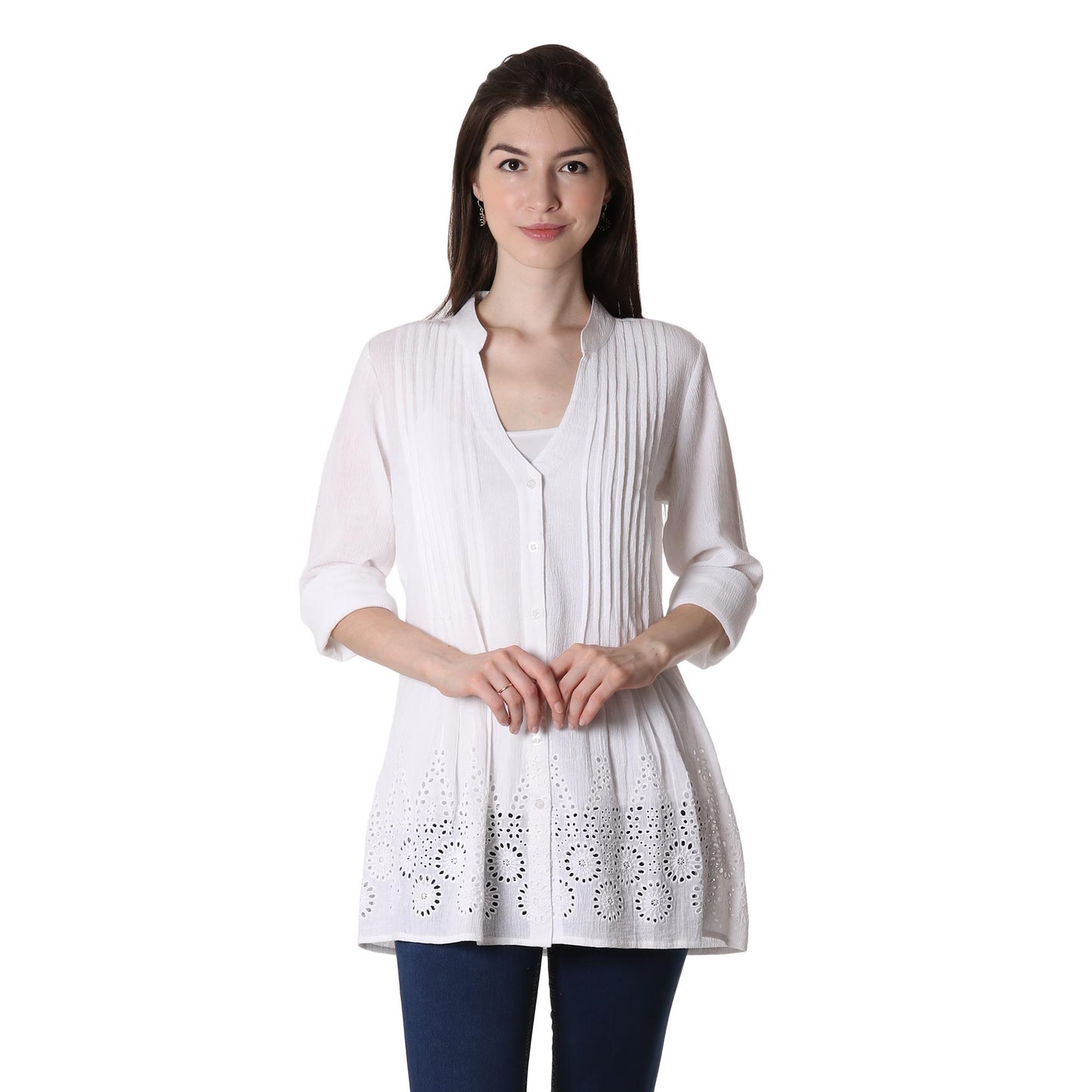 Hakoba in White Eyelet Pattern Cotton Blouse in White from India