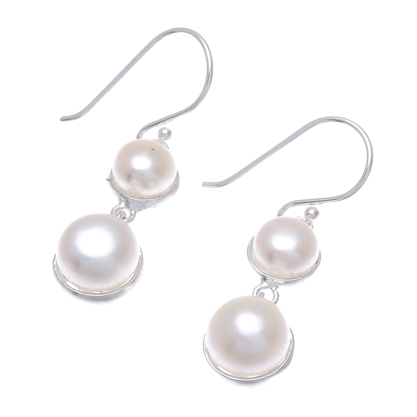 Double Moons Dangle Earrings with White Cultured Pearls from Thailand