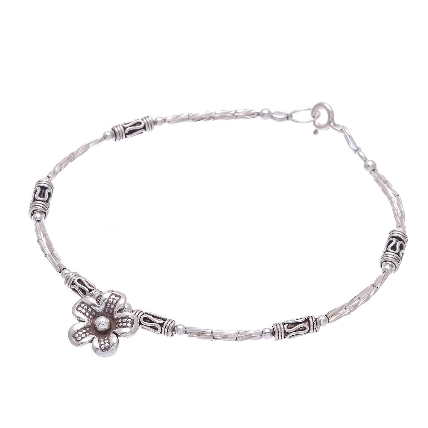 Life of a Flower Floral Hill Tribe Silver Beaded Pendant Bracelet