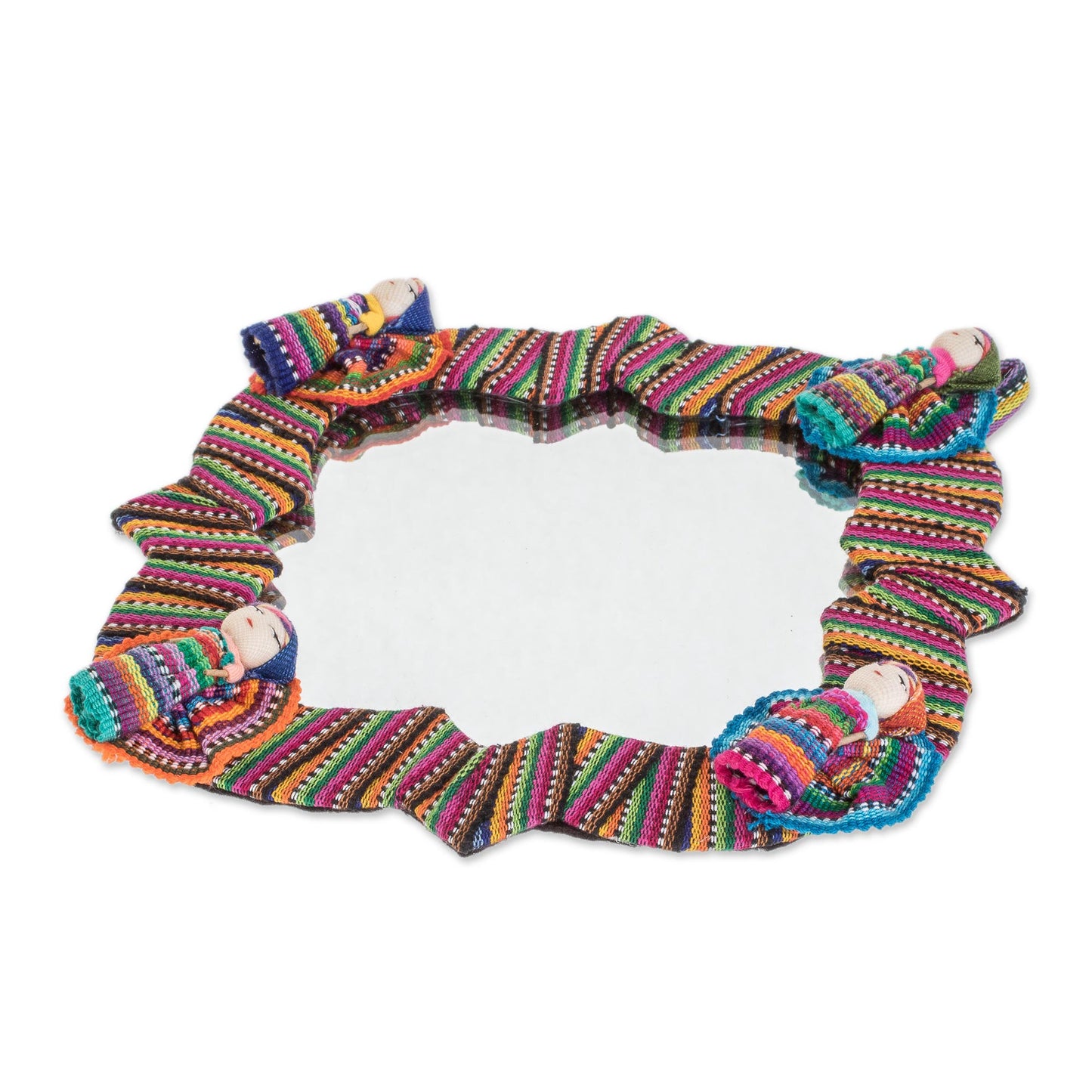 Quitapenas Happiness Handmade Cotton Wall Mirror with Worry Dolls from Guatemala