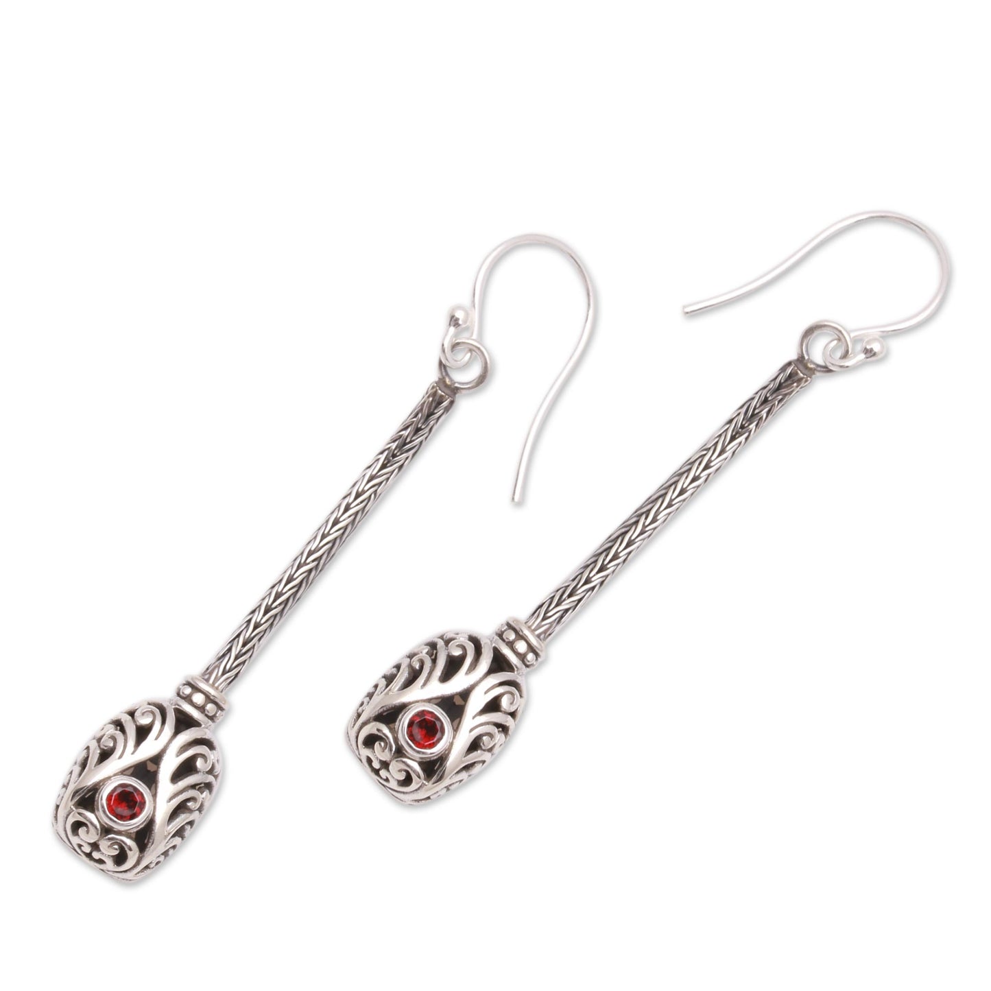 Grand Fascination Garnet and Sterling Silver Naga Chain Dangle Earrings
