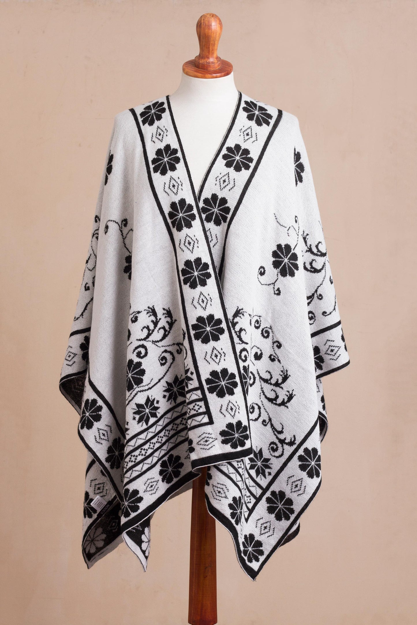 Inca Garden in Black Reversible Alpaca Blend Ruana in Black and White from Peru