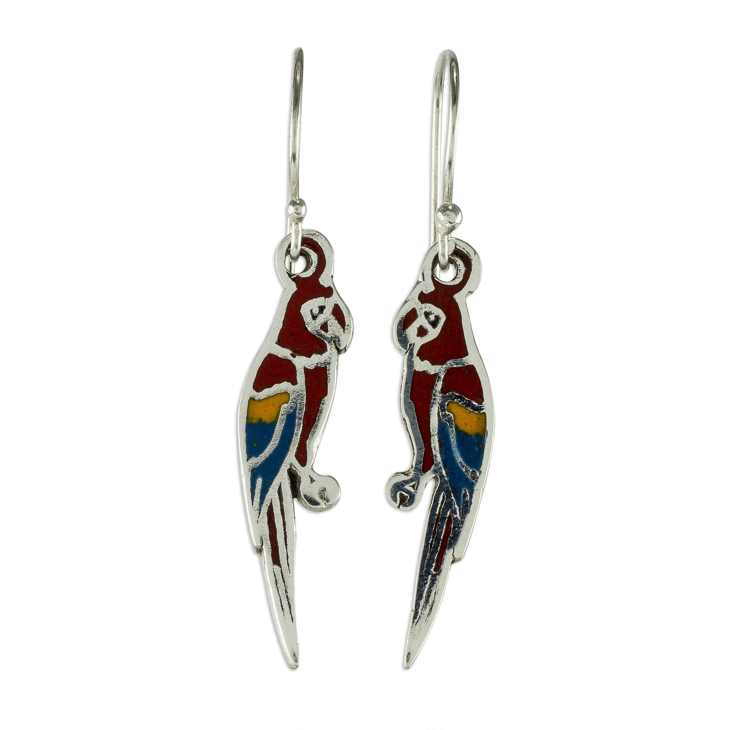 Scarlet Macaws Enameled Sterling Silver Costa Rican Macaw Earrings