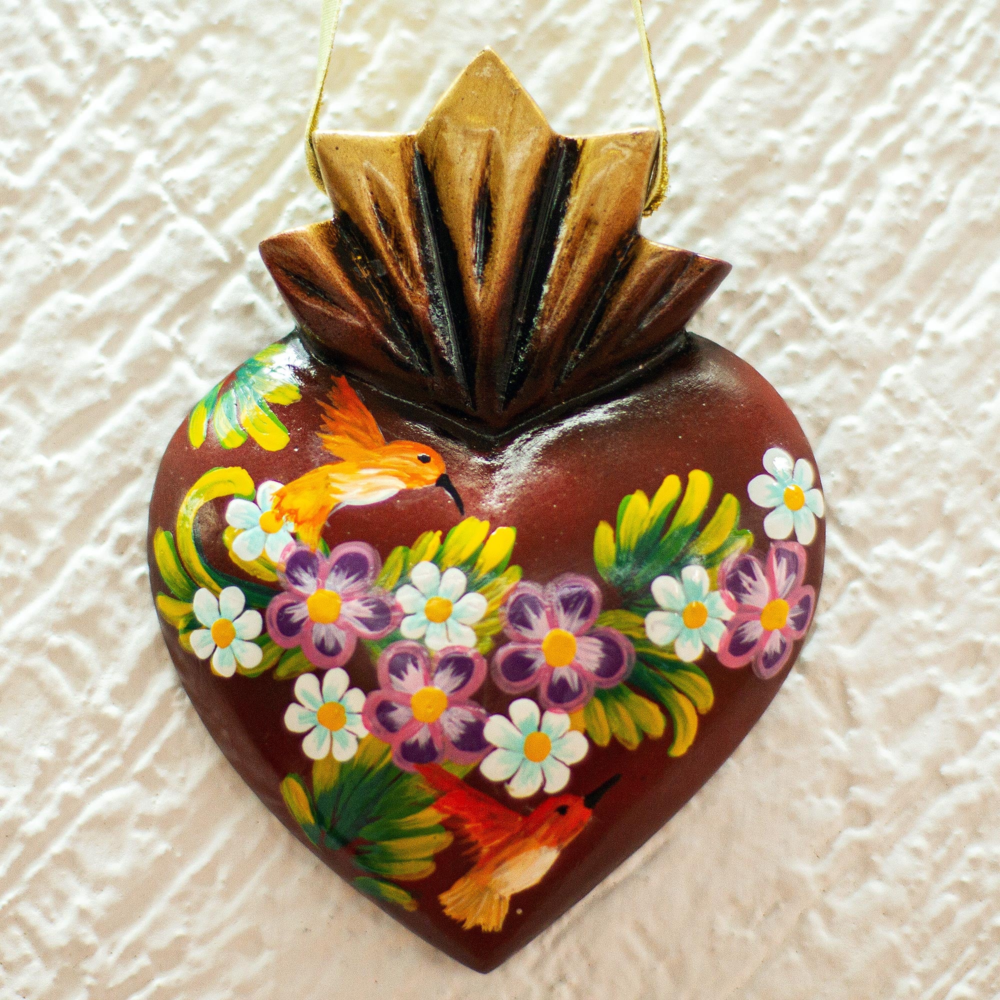 Red/Gold Clay Painted Sacred Heart with Flame 5x5