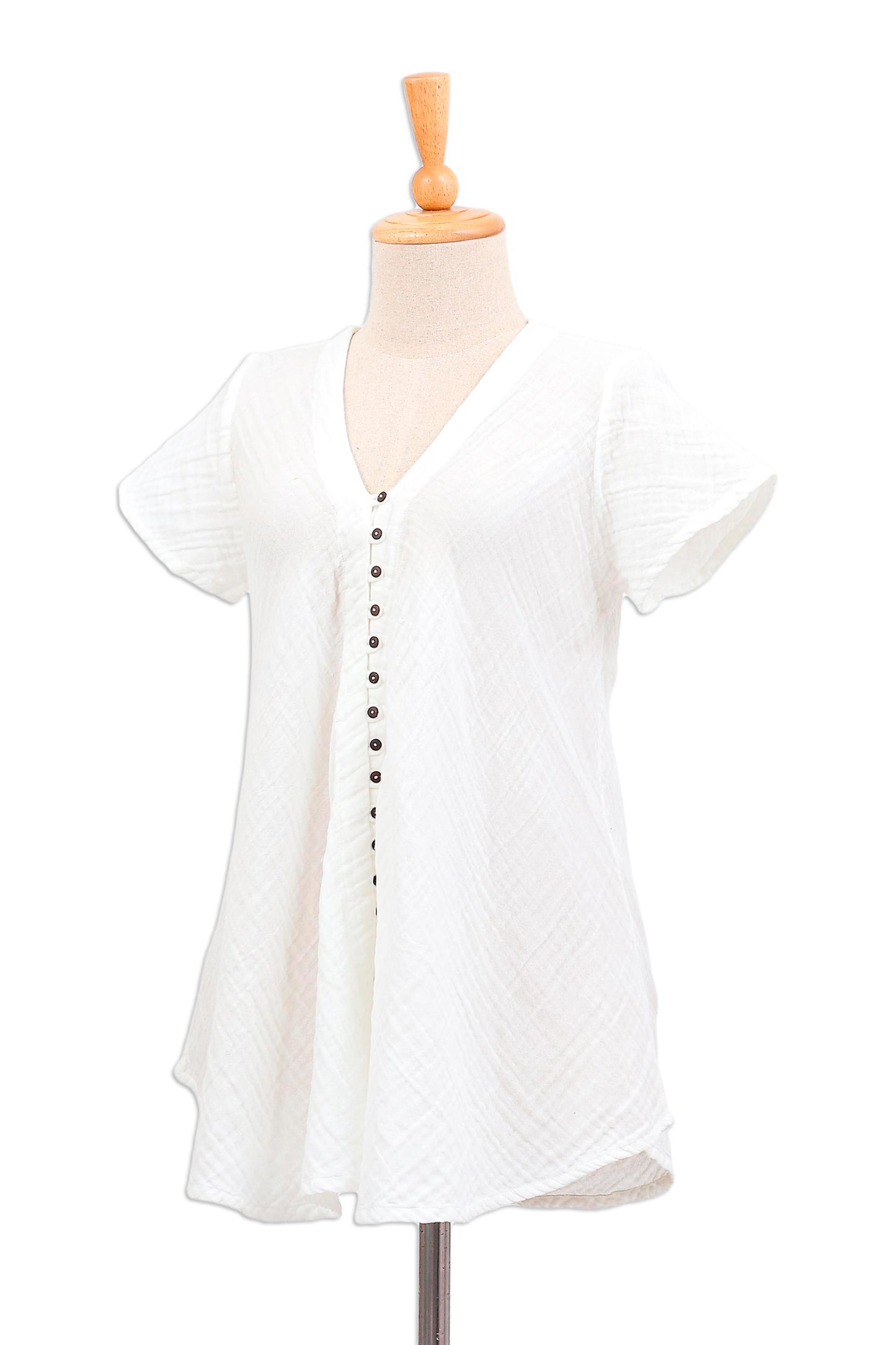 White Flair Buttoned Cotton Gauze Blouse with Short Sleeves