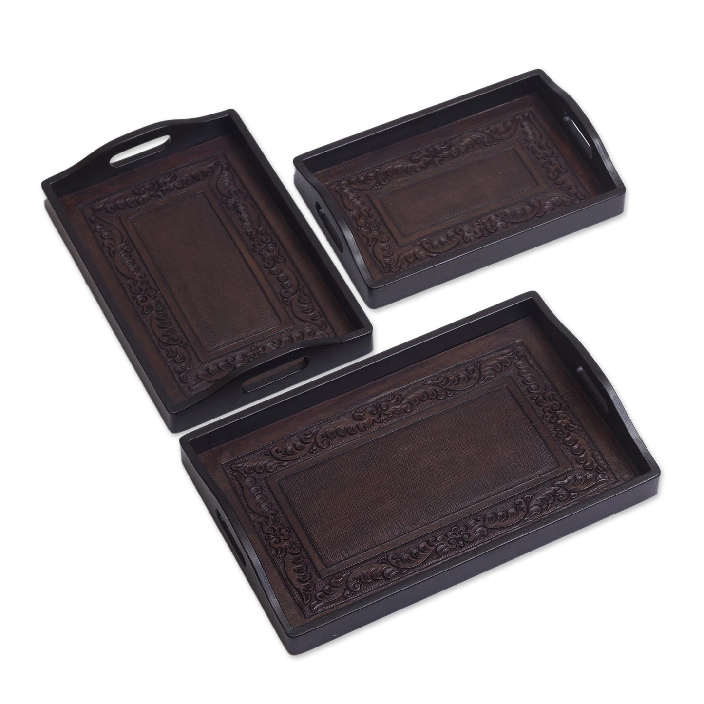 Collector Unique Leather and Wood Serving Trays (Set of 3)