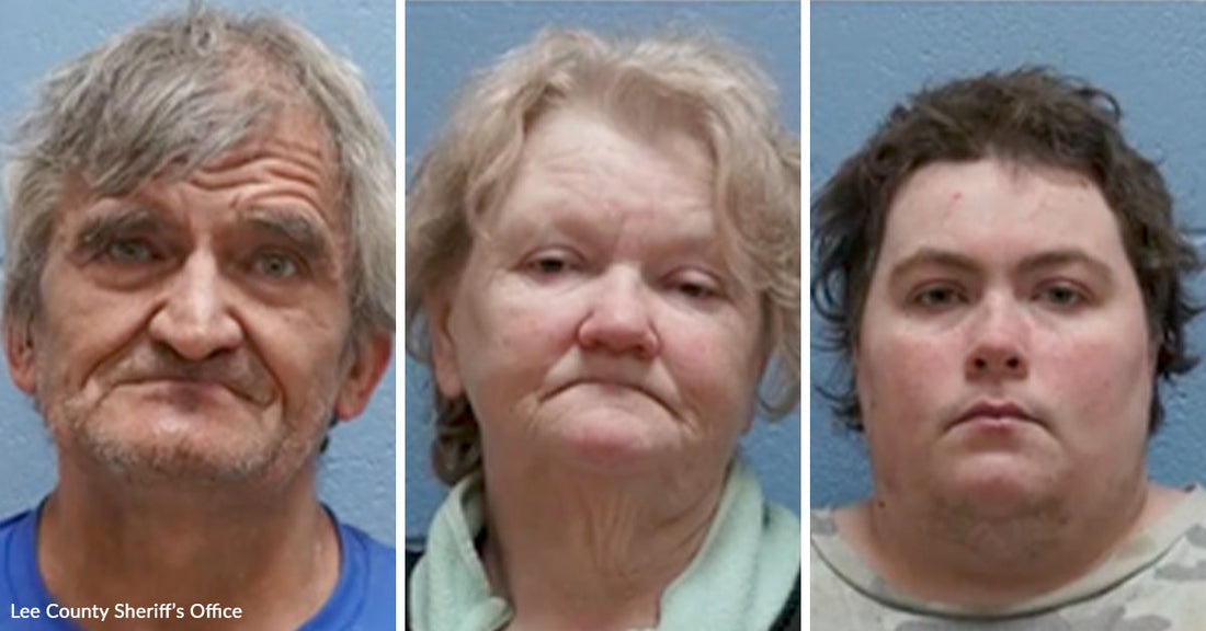 Composite of three mugshots showing an older man, an older woman, and a younger adult lined up side by side.
