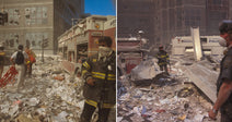 On the left, rescue workers in gear carry equipment through debris-strewn streets near fire trucks and damaged buildings; on the right, a masked officer stands amid rubble near emergency vehicles.