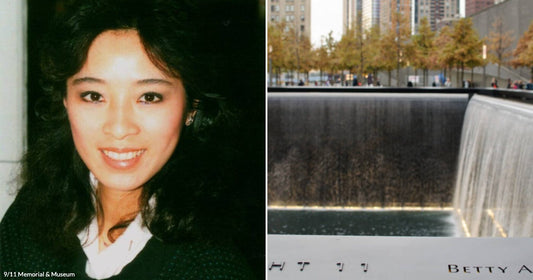 On the left, a young woman with dark curly hair smiles warmly at the camera; on the right, the 9/11 Memorial reflecting pool displays the engraved name "Betty Ann Ong.