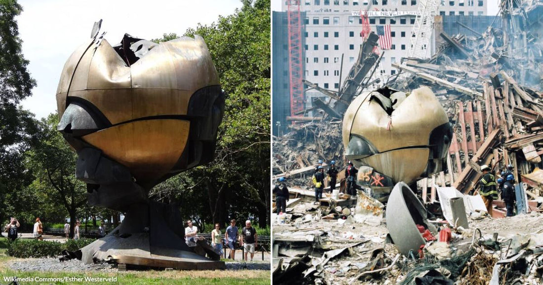 On the left, a large damaged bronze sphere sculpture stands in a park with visitors nearby; on the right, rescue workers search through massive urban rubble surrounding the same sphere.