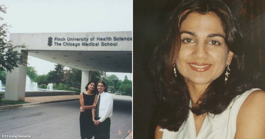 On the left, a couple embraces outside Finch University of Health Sciences in 1999; on the right, a dark-haired woman smiles warmly at the camera.