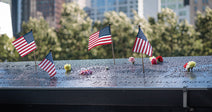 National September 11 Memorial, american flag, flowers, names, New York, USA