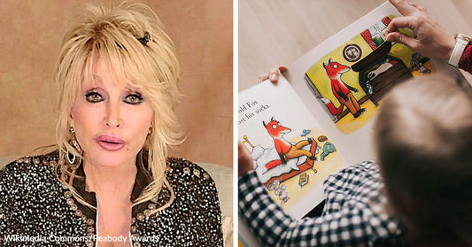 Split image showing a woman speaking on the left and a child reading a colorful illustrated children’s book with an adult on the right.