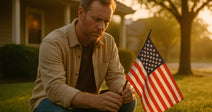 Man kneels on a front lawn at sunset, holding a small American flag outside a suburban home.