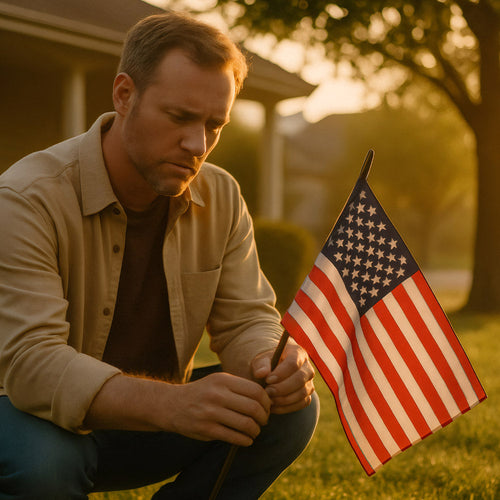 Man kneels on a front lawn at sunset, holding a small American flag outside a suburban home.