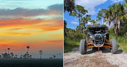 On the left, palm trees silhouette against a vivid orange sunset over misty Florida wetlands; on the right, a blue-and-orange UTV sits on a sandy trail.