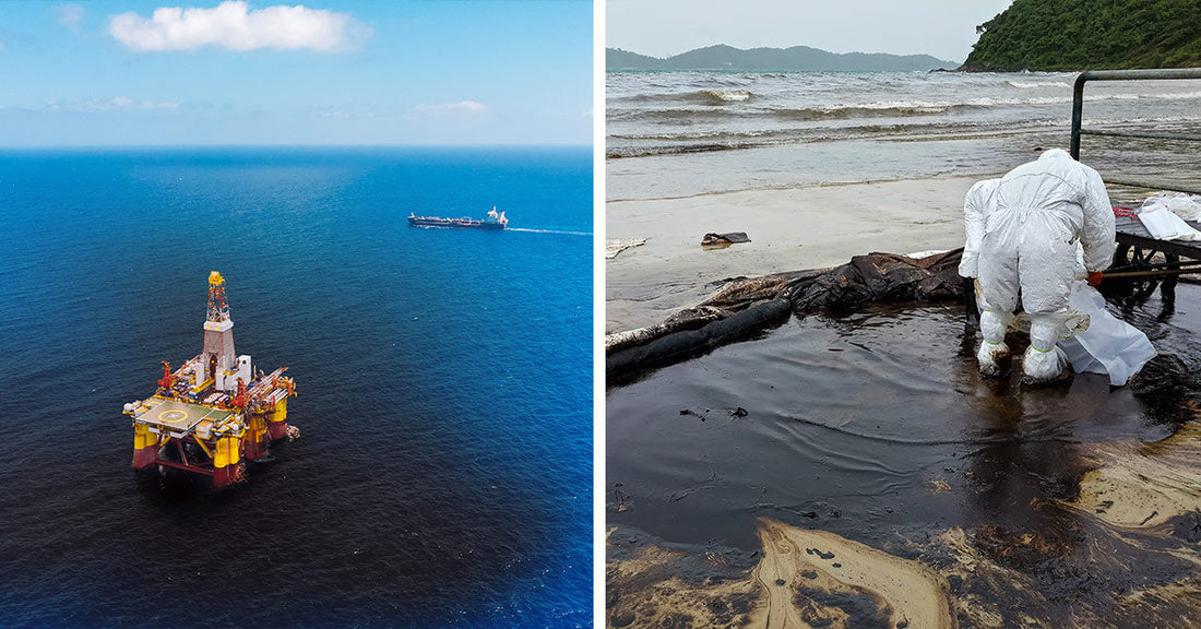 Split image shows an offshore drilling platform at sea beside a worker cleaning oil from a polluted beach.