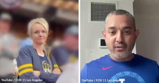 Split-screen image showing a woman in a Milwaukee Brewers shirt standing with her arms crossed on the left, and a man in a Los Angeles Dodgers shirt speaking indoors on the right.