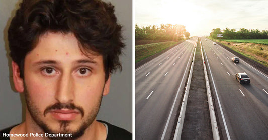 Split image showing a mugshot of a young man on the left and a mostly empty highway at sunset on the right.