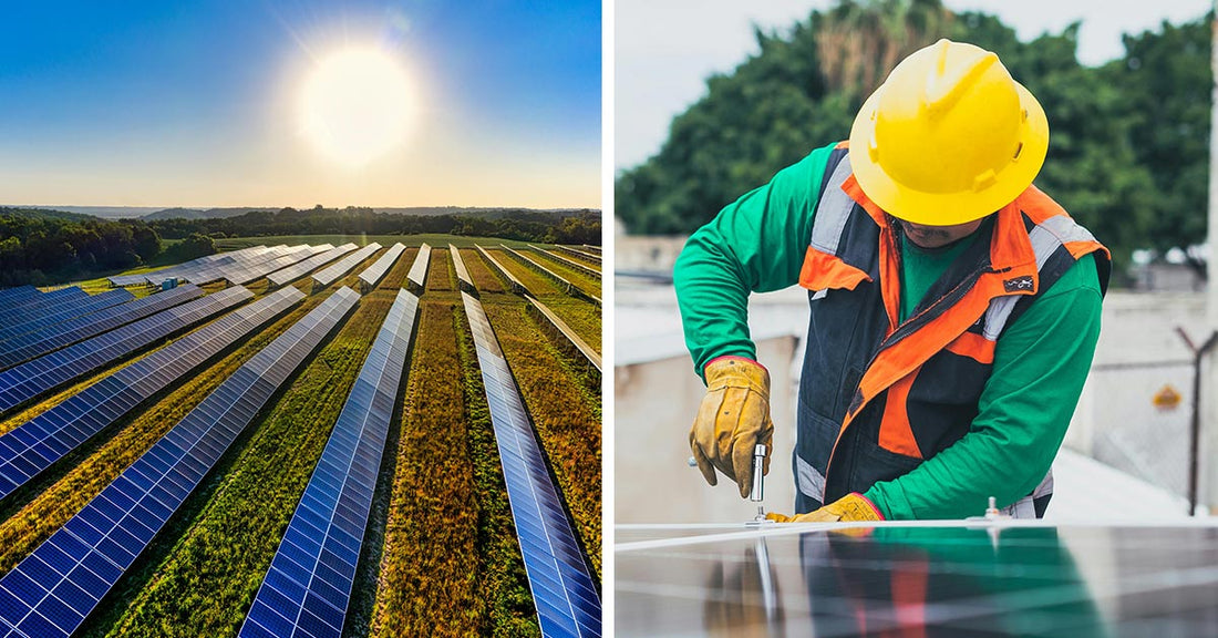 Split image showing a solar farm under the sun on the left and a worker in a hard hat installing solar panels on the right.