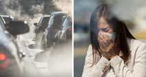 Split image of traffic emitting heavy exhaust on one side and a masked woman covering her face outdoors on the other.