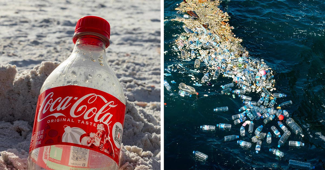 A side-by-side image showing a Coca-Cola bottle on a sandy beach next to a large patch of plastic bottles floating in the ocean.