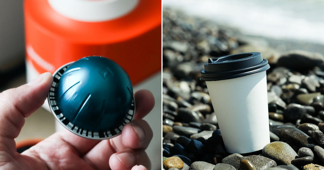 On the left, a hand holds a teal Nespresso coffee pod in front of an orange machine; on the right, a disposable coffee cup sits on a rocky beach.