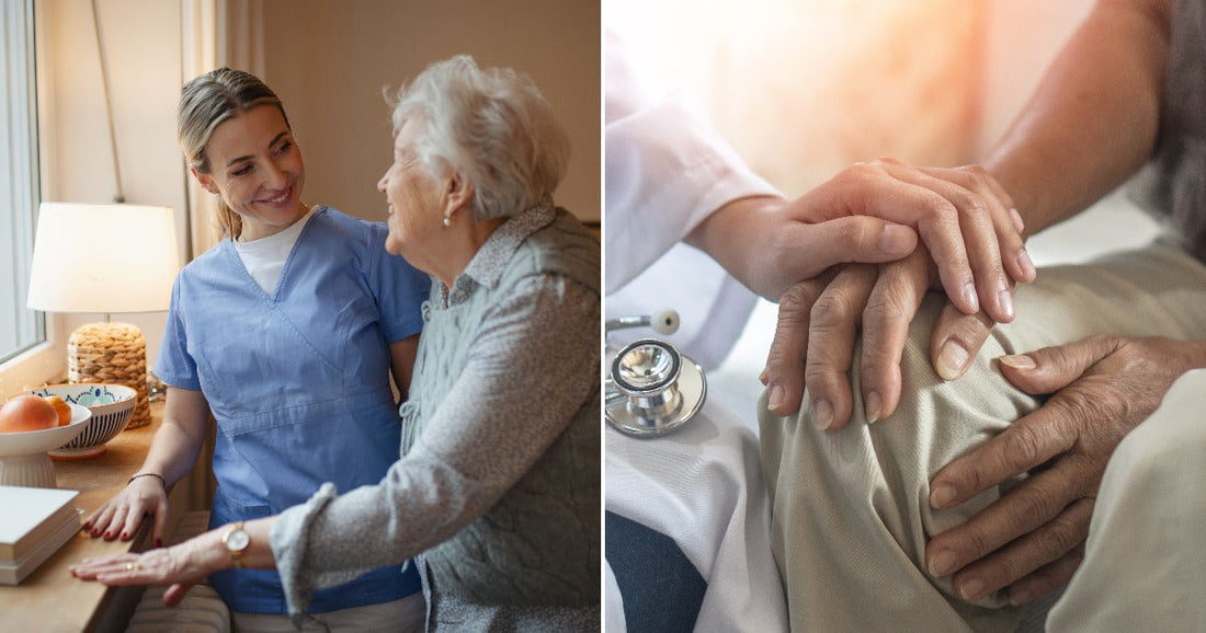 On the left, a caregiver in blue scrubs smiles warmly with an elderly woman indoors; on the right, a doctor gently holds a patient's hands bedside.