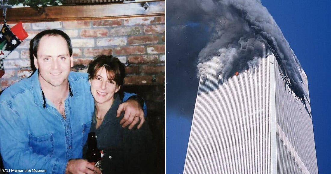 On the left, a man and woman smile together near a brick fireplace decorated with Christmas stockings; on the right, smoke billows from the top of a skyscraper.