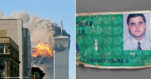 On the left, a skyscraper billows fire and smoke against a blue sky; on the right, a charred employee ID badge bearing a man's photo.