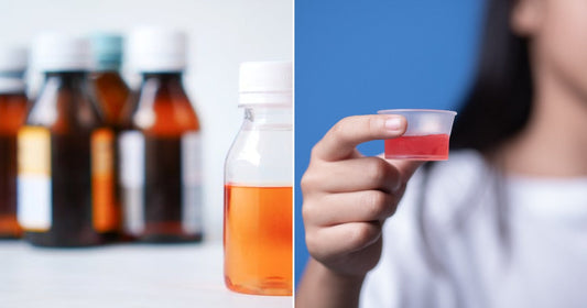 On the left, amber medicine bottles sit on a white surface; on the right, a young girl holds a small plastic cup of red liquid medicine.