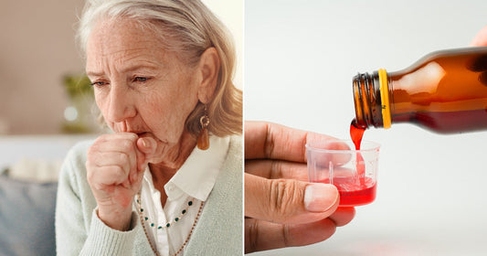 On the left, an elderly woman coughs into her fist indoors; on the right, hands pour red liquid medicine from a bottle into a small measuring cup.