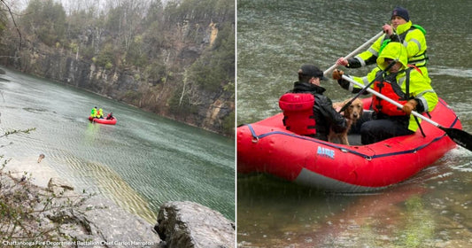 On the left, a red inflatable raft carries people in bright gear across a green river below rocky cliffs; on the right, two people in safety gear paddle the raft.