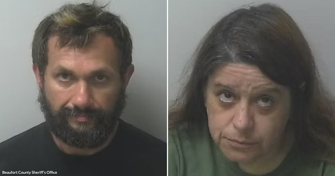 On the left, a bearded man poses in a mugshot; on the right, a woman with long dark hair poses in a mugshot.
