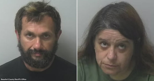 On the left, a bearded man poses in a mugshot; on the right, a woman with long dark hair poses in a mugshot.