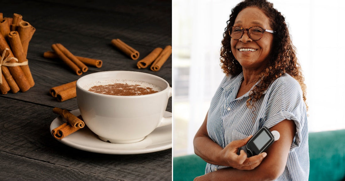On the left, a cinnamon-dusted drink in a white cup sits among cinnamon sticks; on the right, a smiling middle-aged woman holds a glucose monitor indoors.