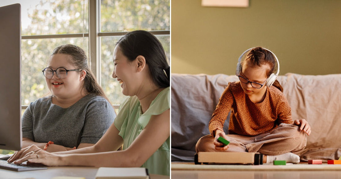 On the left, two smiling women sit together at a desktop computer; on the right, a young girl wearing headphones plays with colorful wooden blocks on a floor.