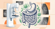 A medical illustration featuring digestive organs and a mammogram machine.
