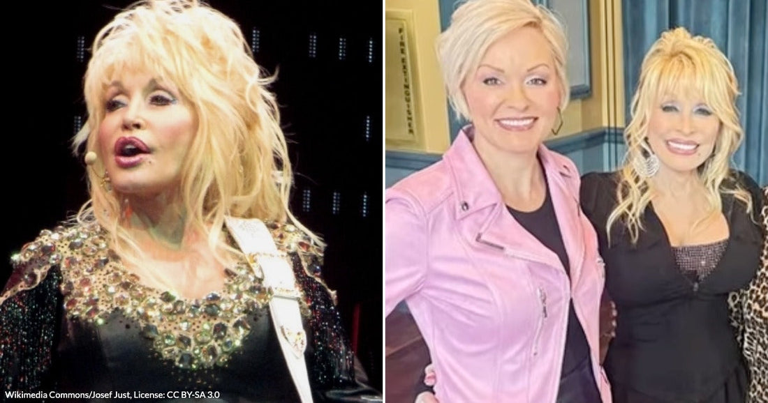 On the left, a blonde woman in a black jeweled outfit plays a white electric guitar on stage; on the right, two blonde women smile and pose together indoors.