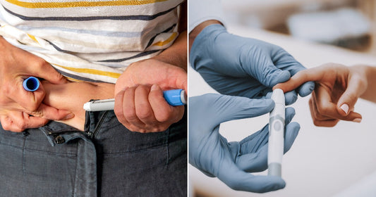 On the left, a person administers an injection into their abdomen; on the right, a gloved medical professional performs a fingerstick blood glucose test on a patient.