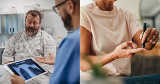 On the left, a bearded man in a hospital gown reviews scans on a tablet with a healthcare worker; on the right, a woman checks her blood sugar at home.