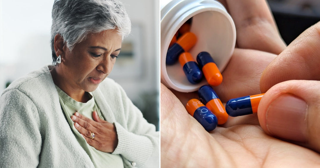 Left, a woman clutches her chest in response to acid reflux. Right, fingers take one pill from a plastic container.