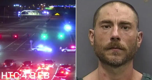 On the left, police vehicles with flashing lights block a Florida highway at night; on the right, a bearded man with a shaved head in a jail booking photo.