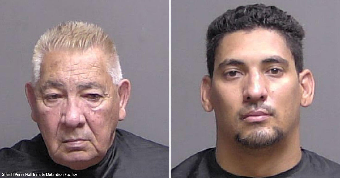 On the left, an older man with white hair faces the camera against a gray background; on the right, a younger man with dark hair does the same.