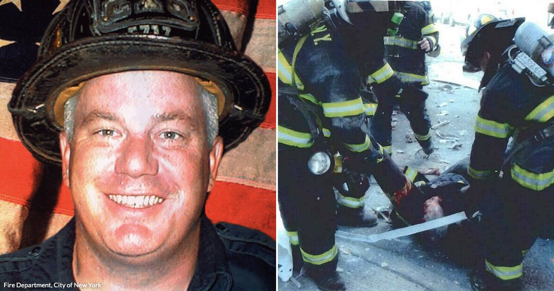On the left, a smiling firefighter in a helmet poses before an American flag; on the right, firefighters in gear tend to an injured person on the ground.