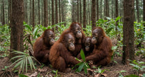 Five young orangutans sit closely together in a lush forest setting.