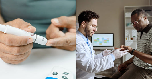 On the left, hands use a lancet device to prick a finger for blood sugar testing; on the right, a gloved doctor examines a seated patient's hand in a clinic.